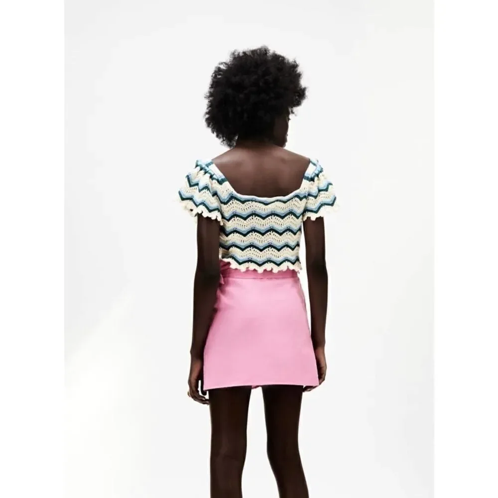 Zara knitted cotton top square neck blue ruffles